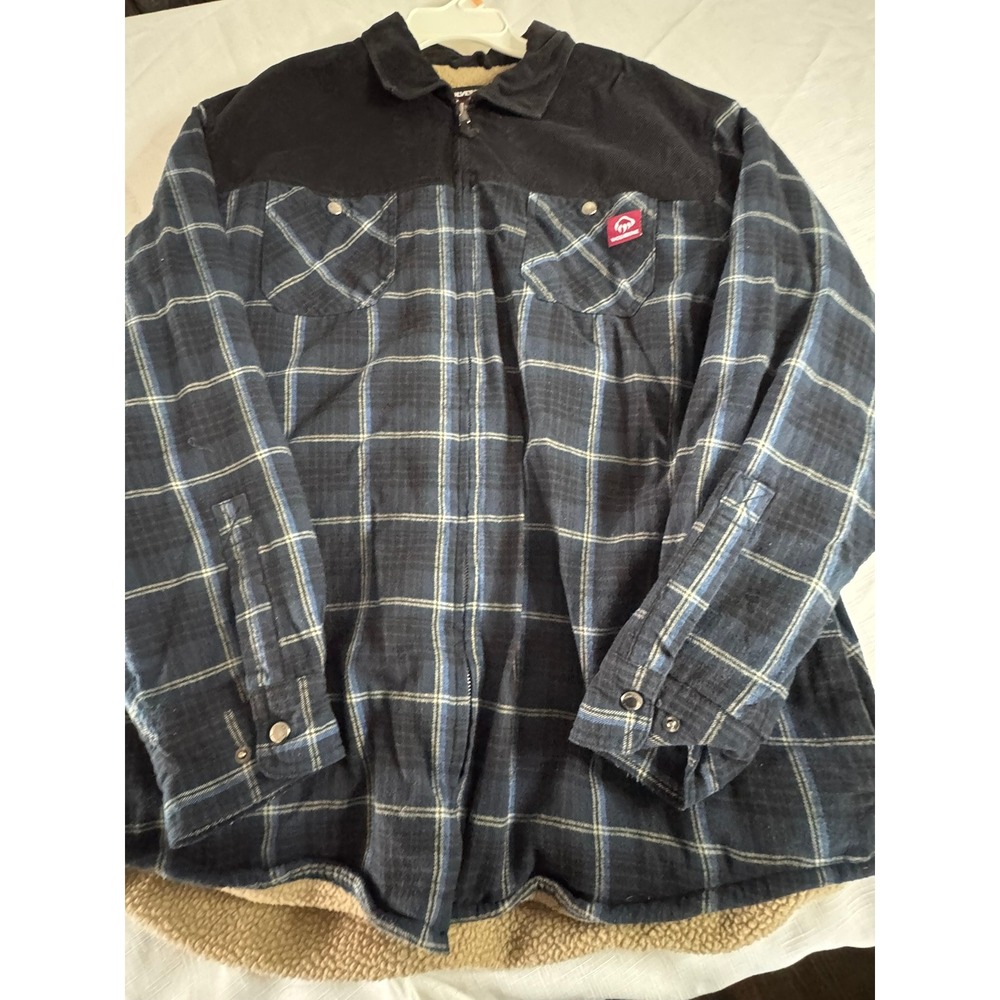 Wolverine Mens XL Sherpa Lined Flannel Jacket Blue Plaid Corduroy Yoke Zip Up